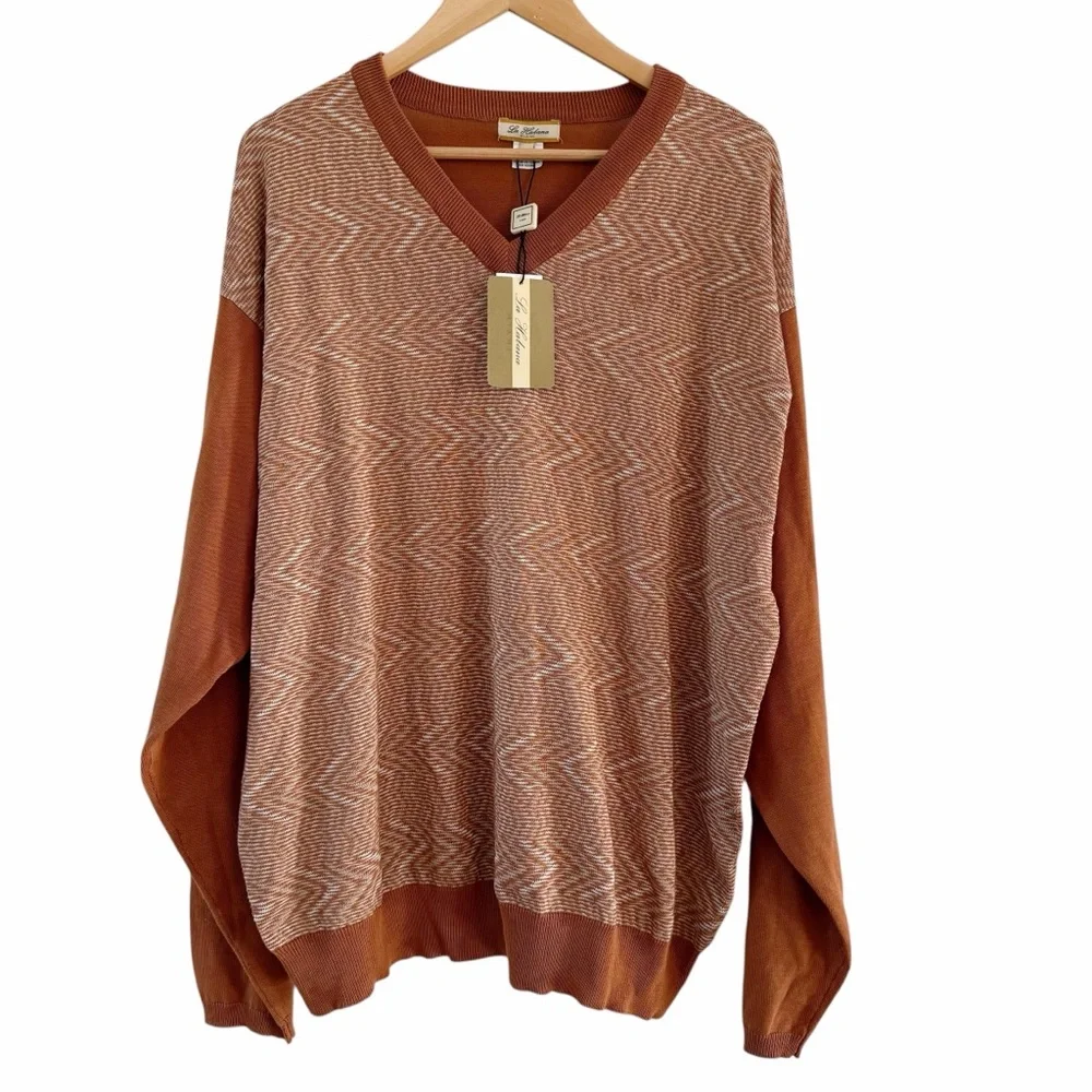 Silk Blend Sweater NEW VNeck Long Sleeve Pullover Ochre Earth Clay Mens Size XXL